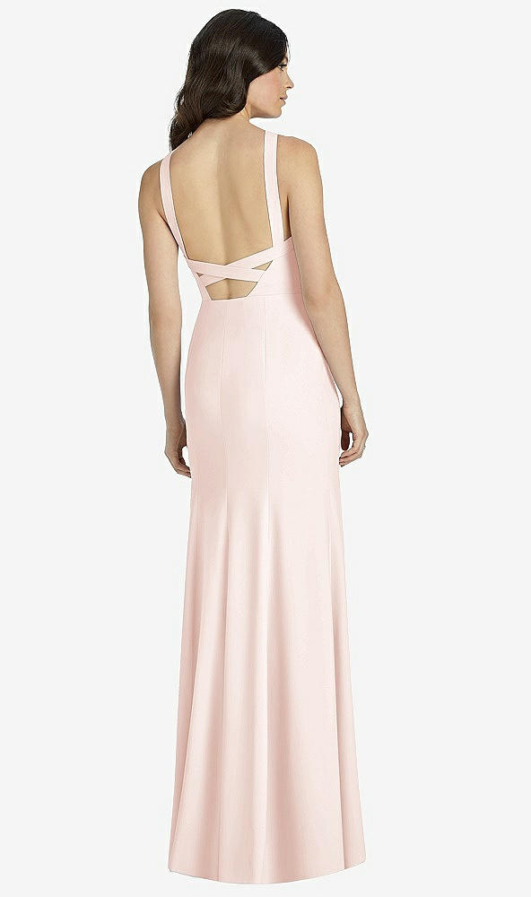 Back View - Blush High-Neck Backless Crepe Trumpet Gown