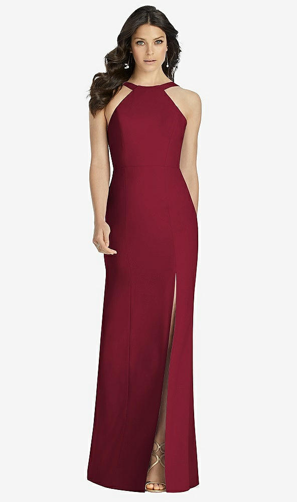 Front View - Burgundy High-Neck Backless Crepe Trumpet Gown