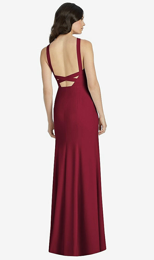 Back View - Burgundy High-Neck Backless Crepe Trumpet Gown