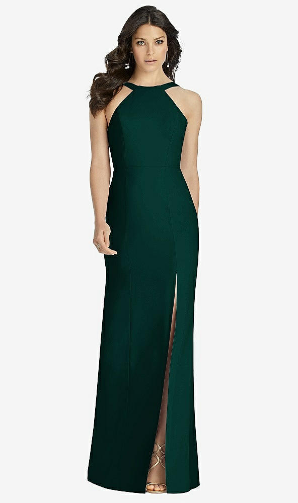 Front View - Evergreen High-Neck Backless Crepe Trumpet Gown