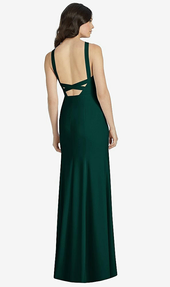 Back View - Evergreen High-Neck Backless Crepe Trumpet Gown
