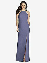 Front View Thumbnail - French Blue High-Neck Backless Crepe Trumpet Gown