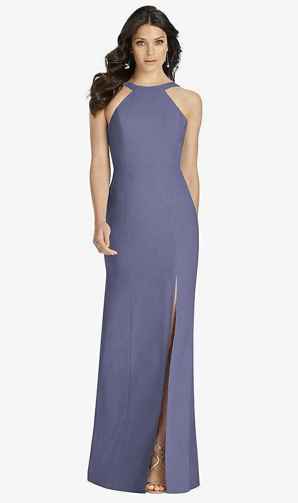 Front View - French Blue High-Neck Backless Crepe Trumpet Gown