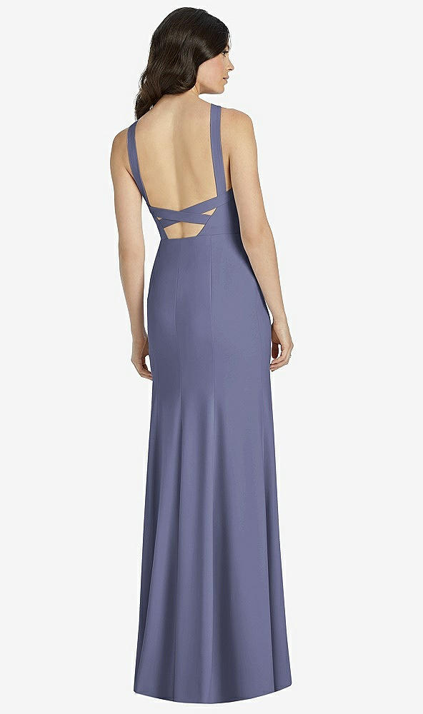 Back View - French Blue High-Neck Backless Crepe Trumpet Gown