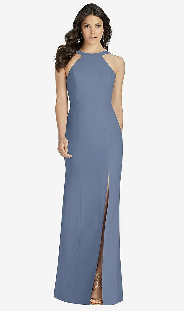 Front View - Larkspur Blue High-Neck Backless Crepe Trumpet Gown