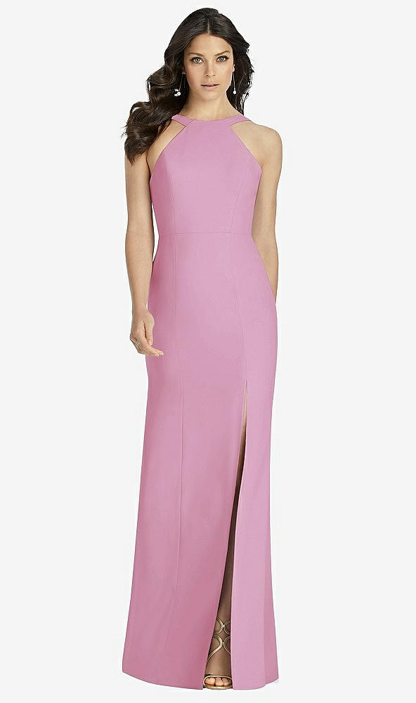 Front View - Powder Pink High-Neck Backless Crepe Trumpet Gown