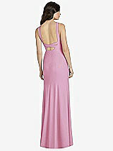 Rear View Thumbnail - Powder Pink High-Neck Backless Crepe Trumpet Gown