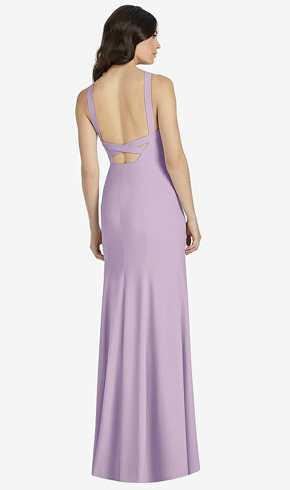 Back View - Pale Purple High-Neck Backless Crepe Trumpet Gown