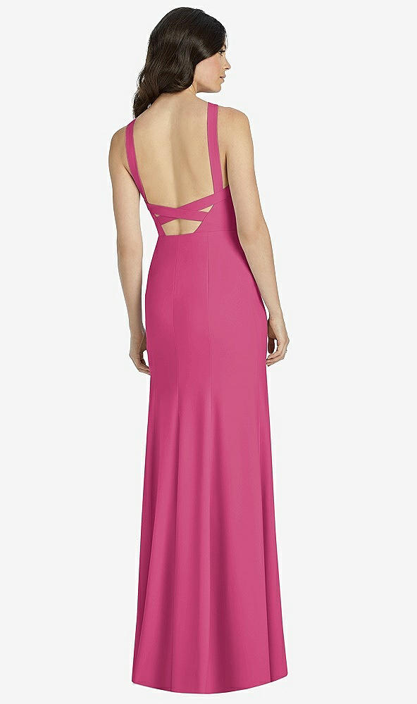 Back View - Tea Rose High-Neck Backless Crepe Trumpet Gown