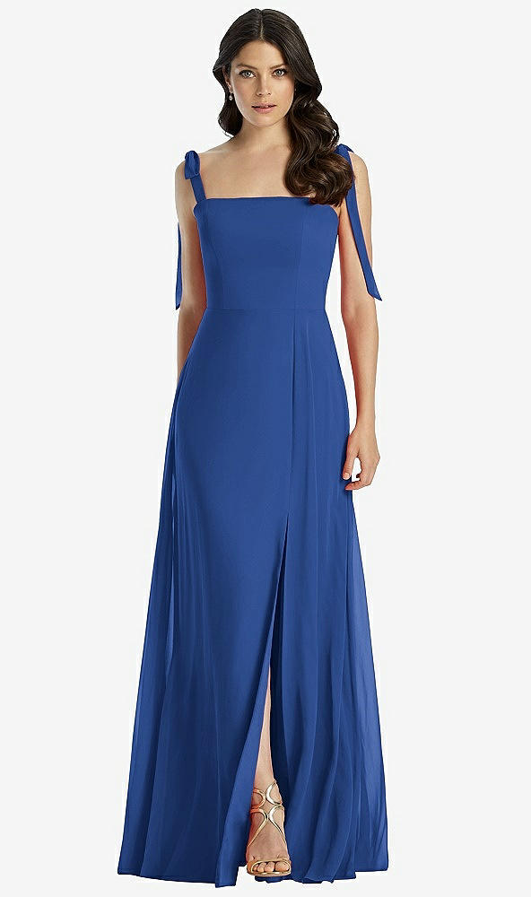 Front View - Classic Blue Tie-Shoulder Chiffon Maxi Dress with Front Slit