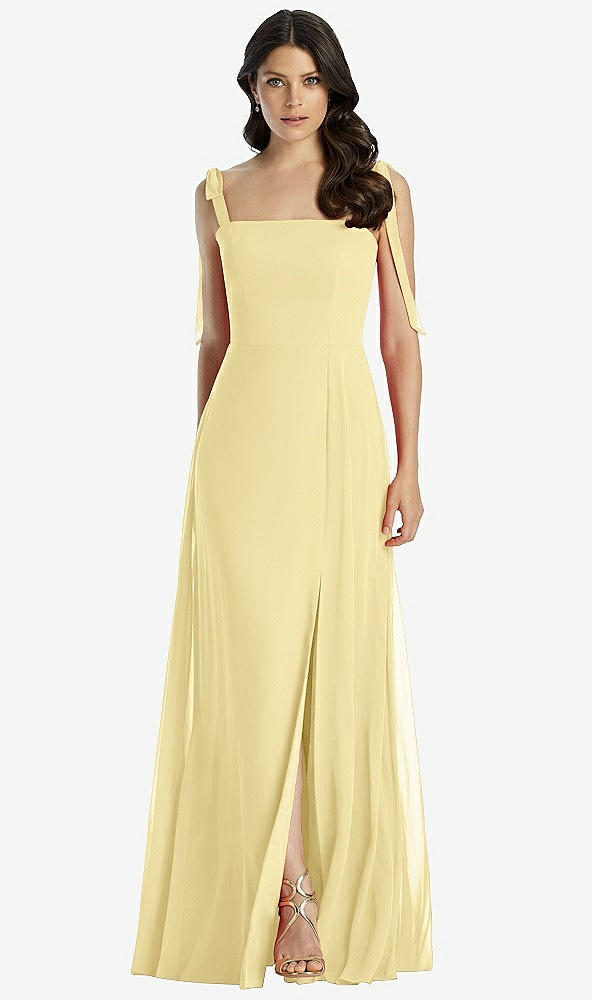Front View - Pale Yellow Tie-Shoulder Chiffon Maxi Dress with Front Slit