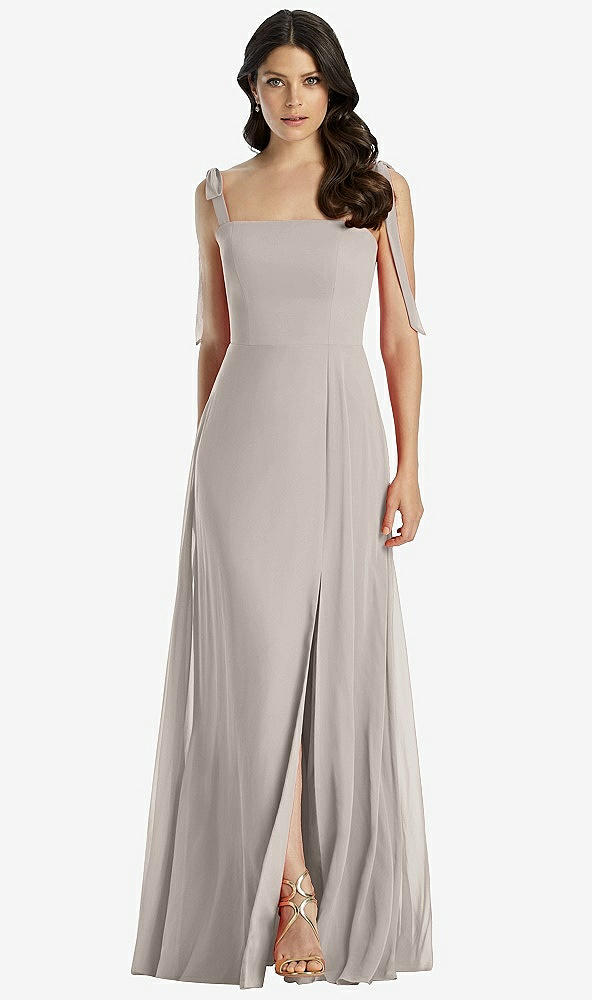 Front View - Taupe Tie-Shoulder Chiffon Maxi Dress with Front Slit