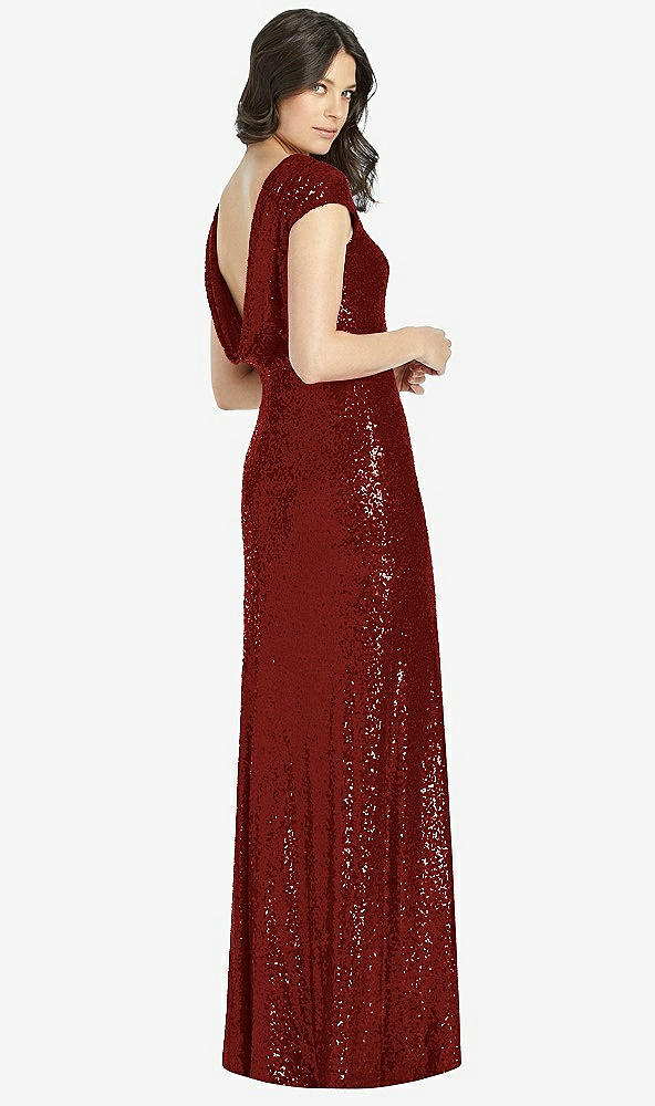 Front View - Burgundy Cap Sleeve Cowl-Back Sequin Gown with Front Slit