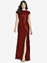 Rear View Thumbnail - Burgundy Cap Sleeve Cowl-Back Sequin Gown with Front Slit