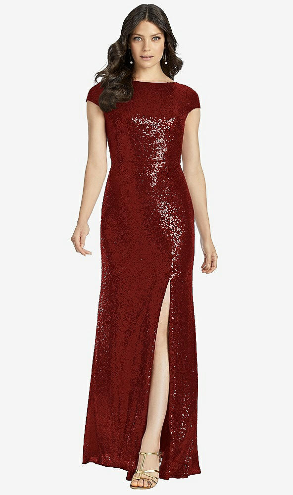 Back View - Burgundy Cap Sleeve Cowl-Back Sequin Gown with Front Slit