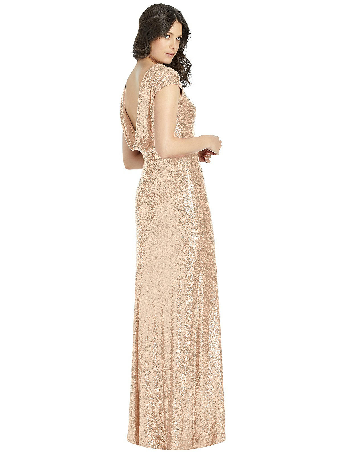 Cap Sleeve Cowl back Sequin Bridesmaid Dress With Front Slit In