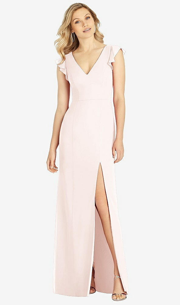 Front View - Blush Ruffled Sleeve Mermaid Dress with Front Slit