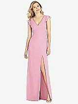 Front View Thumbnail - Peony Pink Ruffled Sleeve Mermaid Dress with Front Slit