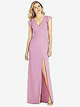 Front View Thumbnail - Powder Pink Ruffled Sleeve Mermaid Dress with Front Slit