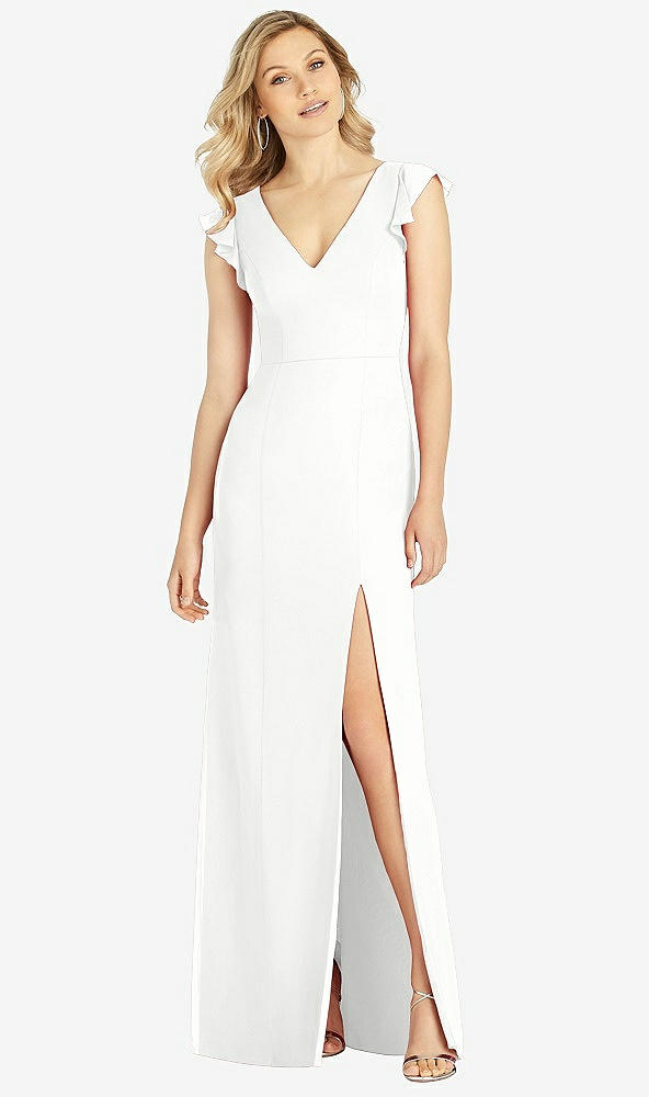 Front View - White Ruffled Sleeve Mermaid Dress with Front Slit