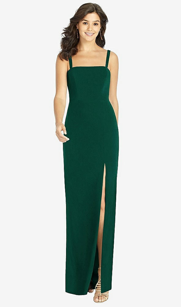 Front View - Hunter Green Flat Strap Stretch Mermaid Dress with Front Slit