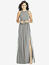 Front View Thumbnail - Chelsea Gray Shirred Skirt Jewel Neck Halter Dress with Front Slit