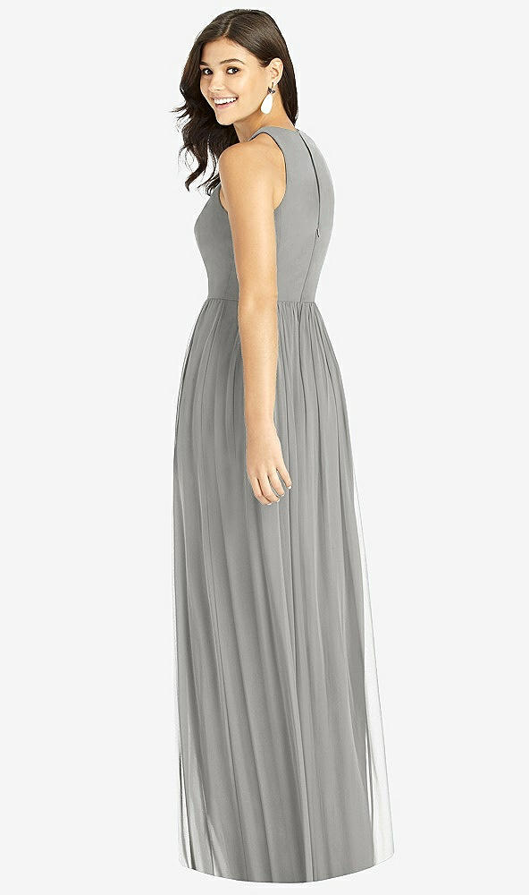 Back View - Chelsea Gray Shirred Skirt Jewel Neck Halter Dress with Front Slit