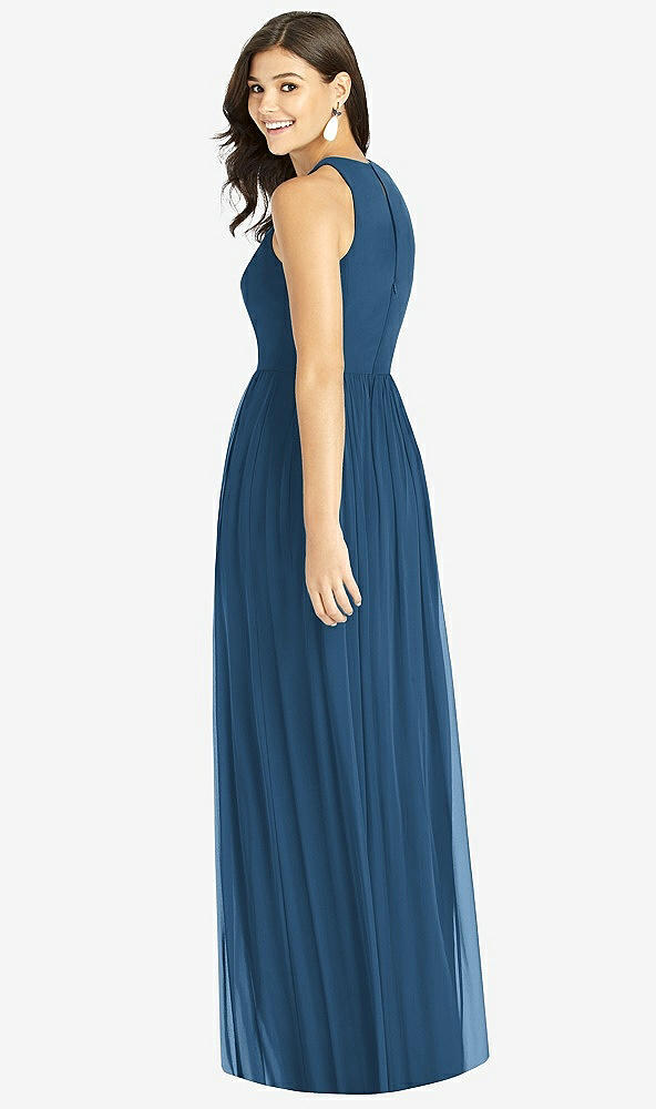 Back View - Dusk Blue Shirred Skirt Jewel Neck Halter Dress with Front Slit