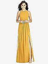 Front View Thumbnail - NYC Yellow Shirred Skirt Jewel Neck Halter Dress with Front Slit