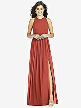 Front View Thumbnail - Amber Sunset Shirred Skirt Jewel Neck Halter Dress with Front Slit