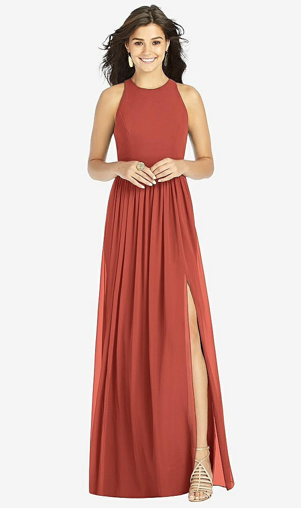 Front View - Amber Sunset Shirred Skirt Jewel Neck Halter Dress with Front Slit