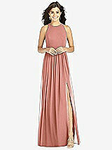 Front View Thumbnail - Desert Rose Shirred Skirt Jewel Neck Halter Dress with Front Slit