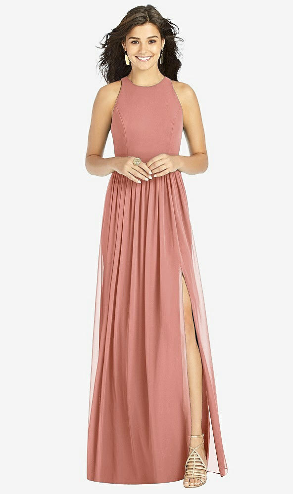 Front View - Desert Rose Shirred Skirt Jewel Neck Halter Dress with Front Slit