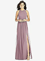 Front View Thumbnail - Dusty Rose Shirred Skirt Jewel Neck Halter Dress with Front Slit