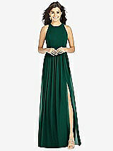 Front View Thumbnail - Hunter Green Shirred Skirt Jewel Neck Halter Dress with Front Slit