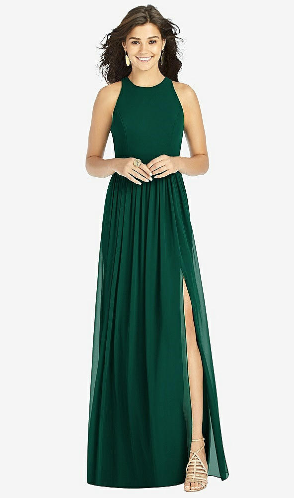 Front View - Hunter Green Shirred Skirt Jewel Neck Halter Dress with Front Slit