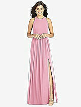 Front View Thumbnail - Peony Pink Shirred Skirt Jewel Neck Halter Dress with Front Slit