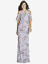 Front View Thumbnail - Butterfly Botanica Silver Dove Ruffle Cold-Shoulder Mermaid Maxi Dress