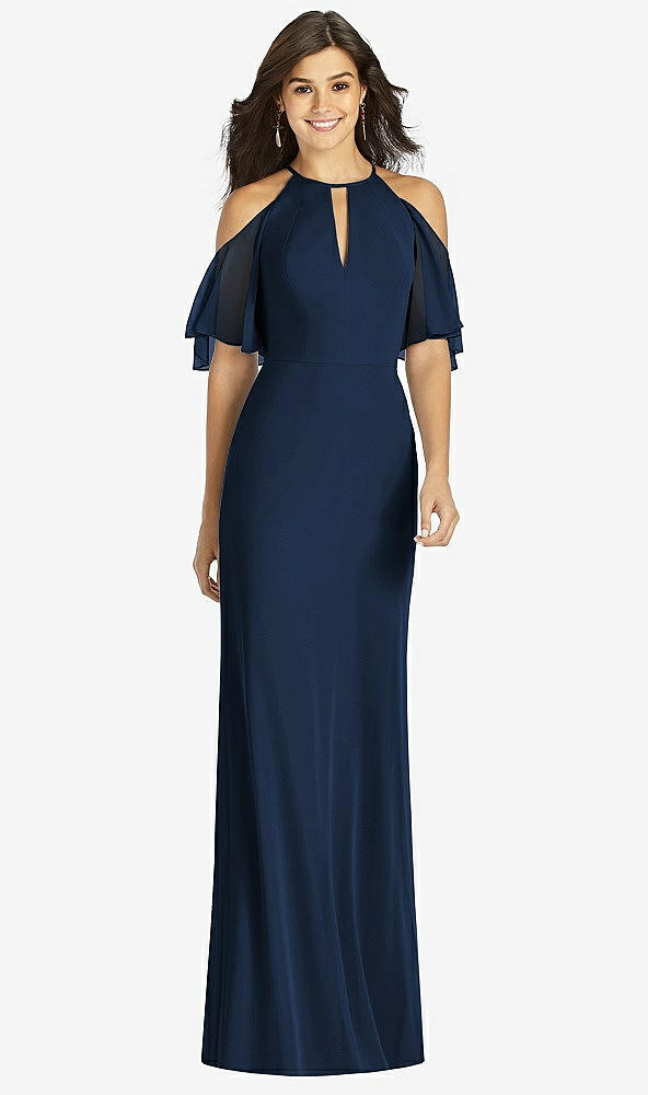 Front View - Midnight Navy Ruffle Cold-Shoulder Mermaid Maxi Dress