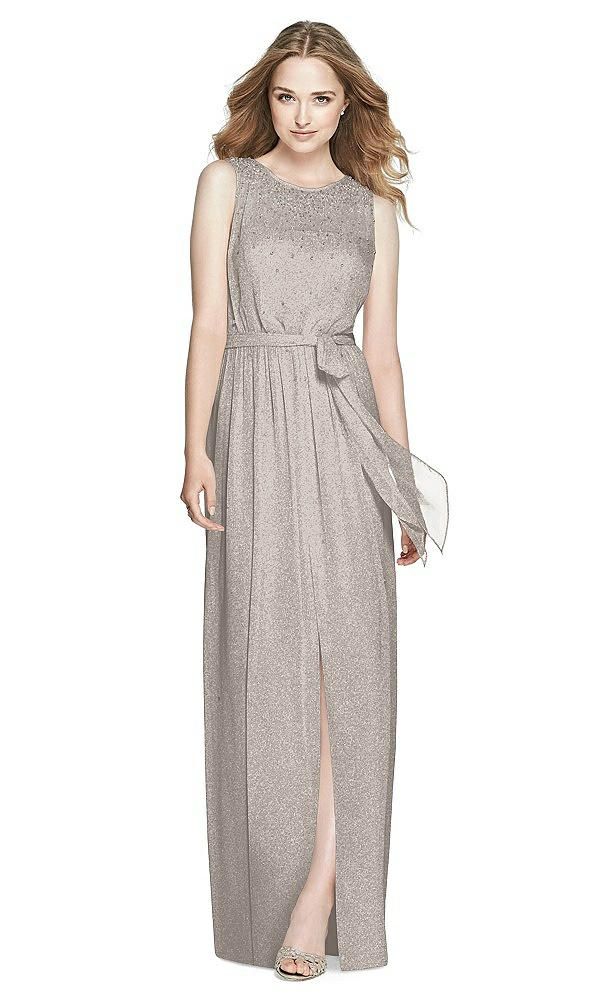 Front View - Taupe Silver Dessy Shimmer Bridesmaid Dress 3025LS