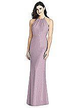 Rear View Thumbnail - Suede Rose Silver Shimmer Halter-Neck Ruffle-Back Chiffon Trumpet Gown
