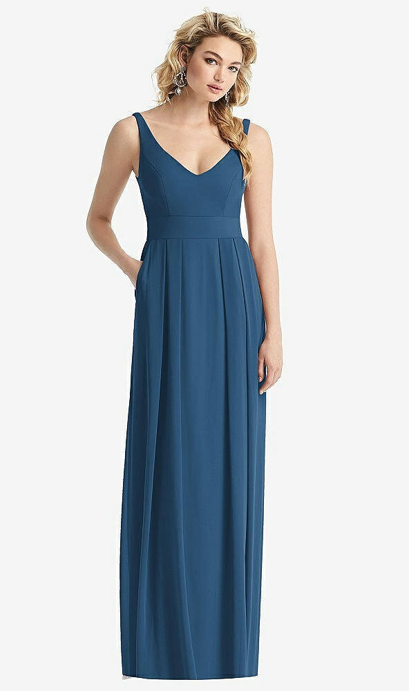 Front View - Dusk Blue Sleeveless Pleated Skirt Maxi Dress with Pockets
