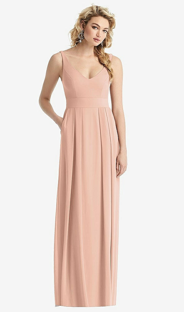 Front View - Pale Peach Sleeveless Pleated Skirt Maxi Dress with Pockets