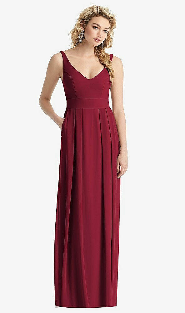 Front View - Burgundy Sleeveless Pleated Skirt Maxi Dress with Pockets