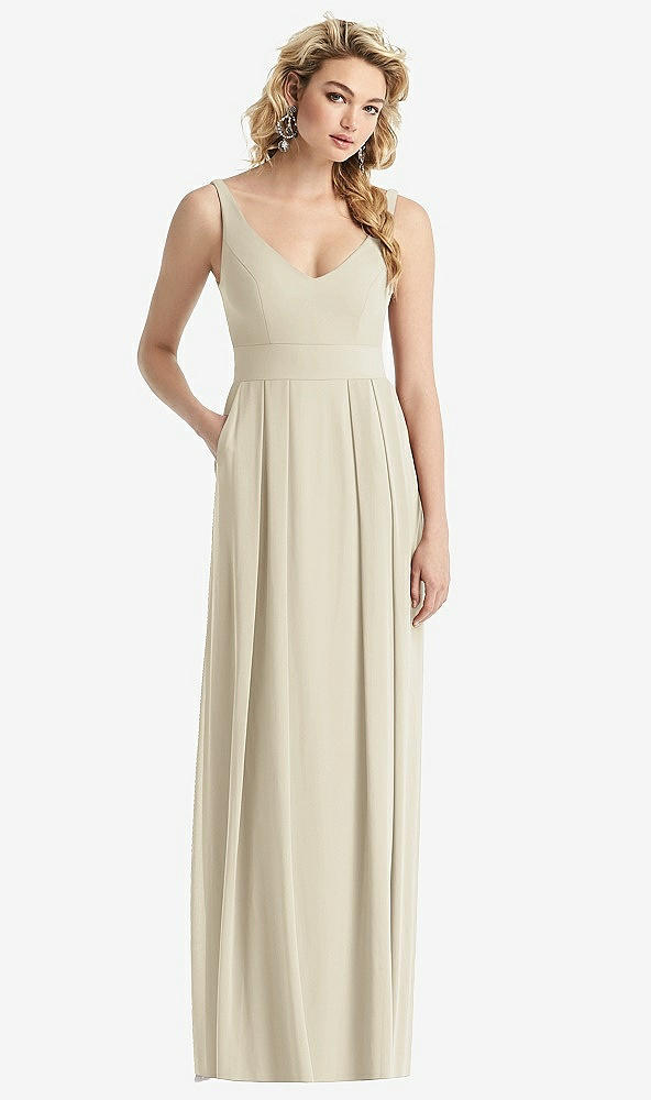Front View - Champagne Sleeveless Pleated Skirt Maxi Dress with Pockets