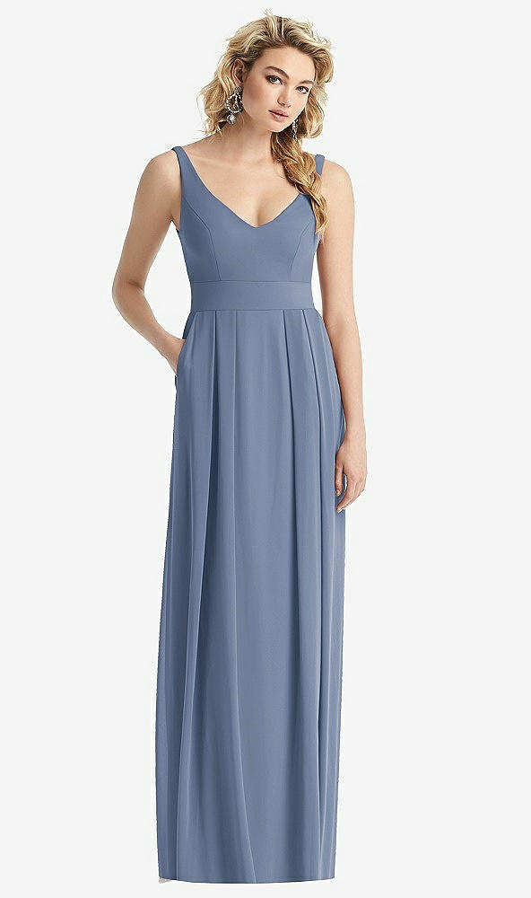 Front View - Larkspur Blue Sleeveless Pleated Skirt Maxi Dress with Pockets