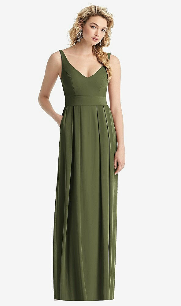 Front View - Olive Green Sleeveless Pleated Skirt Maxi Dress with Pockets