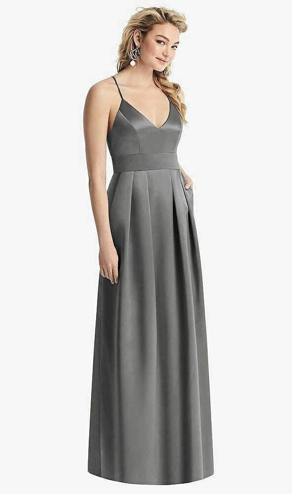 Front View - Charcoal Gray Pleated Skirt Satin Maxi Dress with Pockets