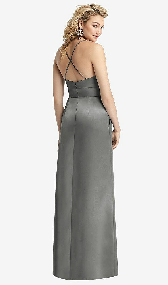 Back View - Charcoal Gray Pleated Skirt Satin Maxi Dress with Pockets