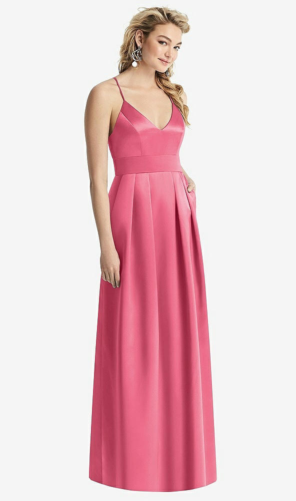 Front View - Punch Pleated Skirt Satin Maxi Dress with Pockets